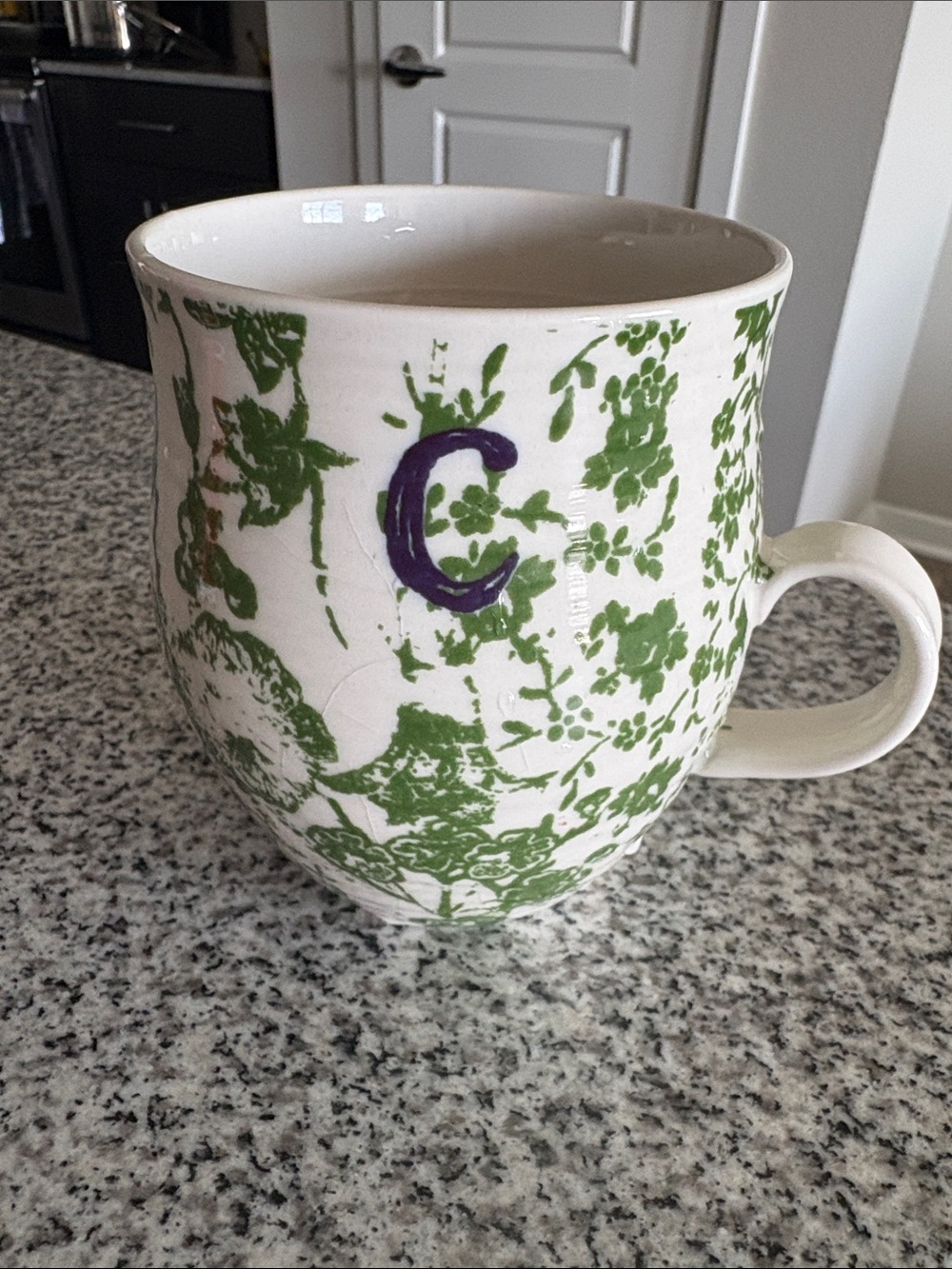 Anthropologie ~ Homegrown Monogram “C” Mug Green Floral Tapestry\Toile